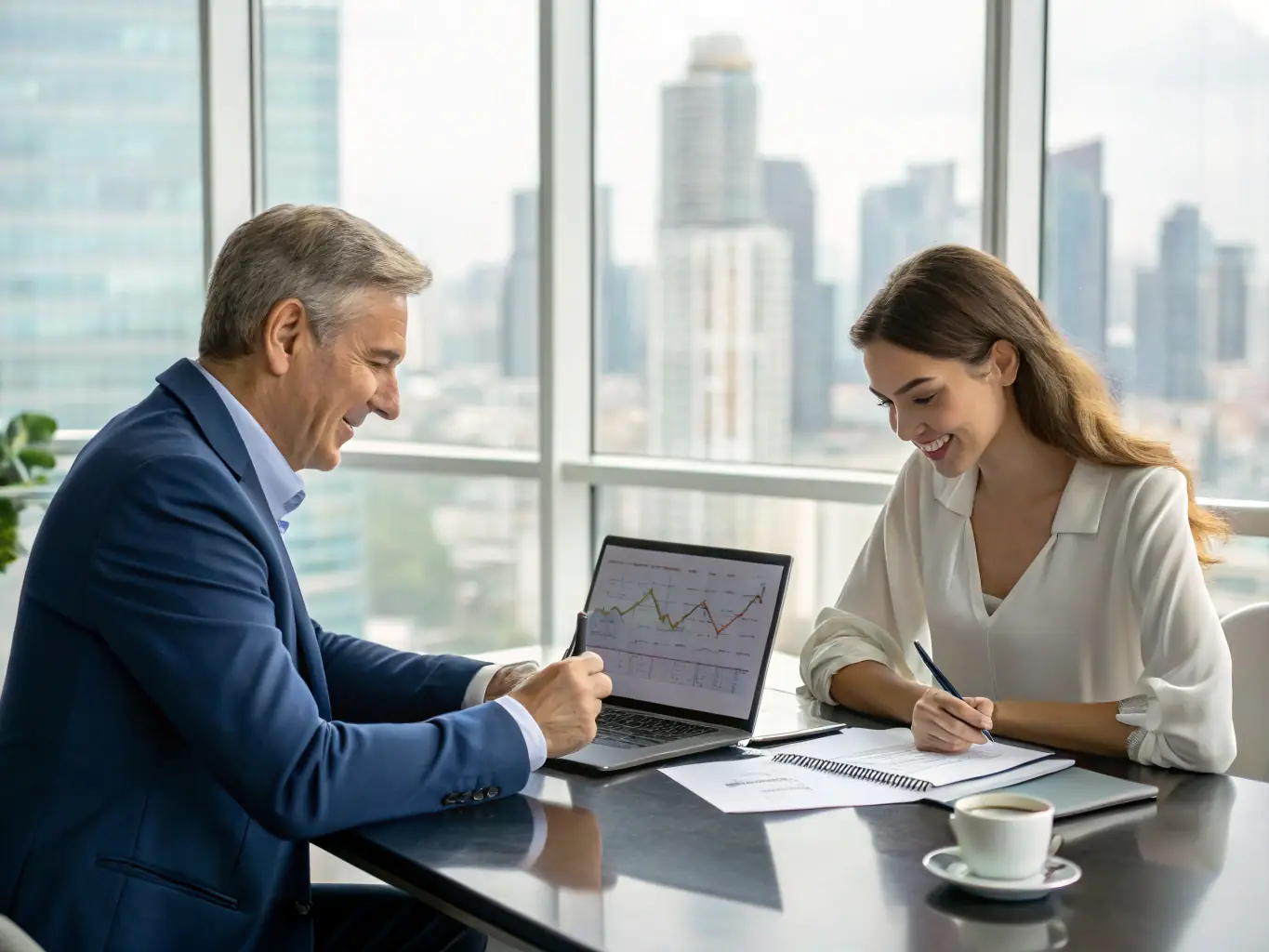 A financial advisor reviewing charts and graphs with a client, representing Crest Creative's fractional CFO services.