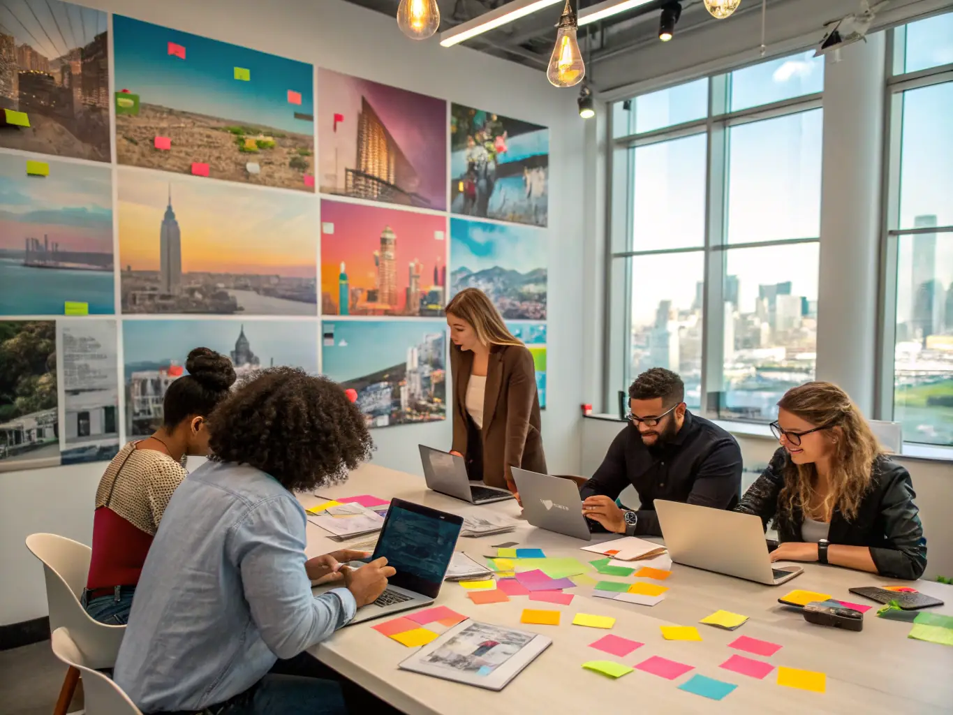 A dynamic marketing team brainstorming ideas around a table, with laptops and creative materials scattered around, symbolizing Crest Creative's tailored marketing solutions.